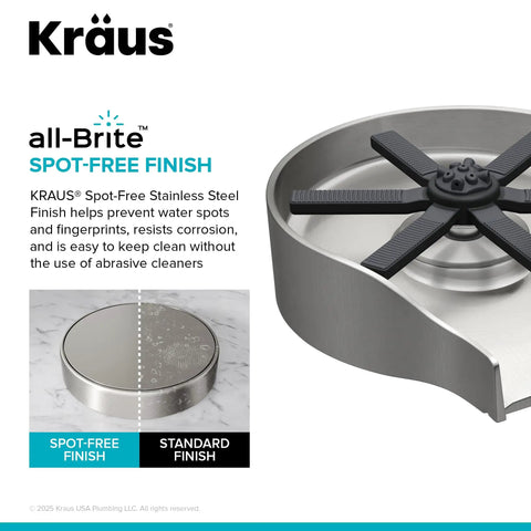 Kraus all-Brite Spot-Free Finish stainless steel glass rinser showing smooth surface and spray mechanism for easy cleaning.
