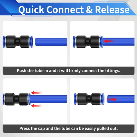 Quick connect image showing steps for 30-Piece Push To Connect Air Hose Fittings Kit With Tubing Cutter and pneumatic line connections.