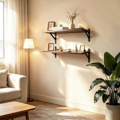 Floating Shelves Wall Mounted Set Of 2 With Heavy Duty Wood Construction Built To Last And Reinforced Anti Sag Brackets Includes 12 Hollow Wall Anchors And Complete Installation Kit For Drywall And Concrete, walnut shelves in living room