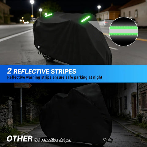 All-Weather 3 Wheel Trike Cover For Electric Bikes, Beefy Built-To-Last 600D Oxford Fabric With Reflective Strip, Tough All-Season Protection For Roadtrike And Similar E-Trikes, Windproof And Tear-Resistant Black, night view