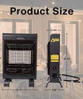 18,000 BTU Propane Patio Heater For Indoor And Outdoor Use With ODS And Tip Over Protection 3 Heat Modes Piezo Ignition Includes Regulator And Hose Heats Up To 450 Sq Ft Ideal For Patio Garage Camping And Workshops front and side view with dimensions