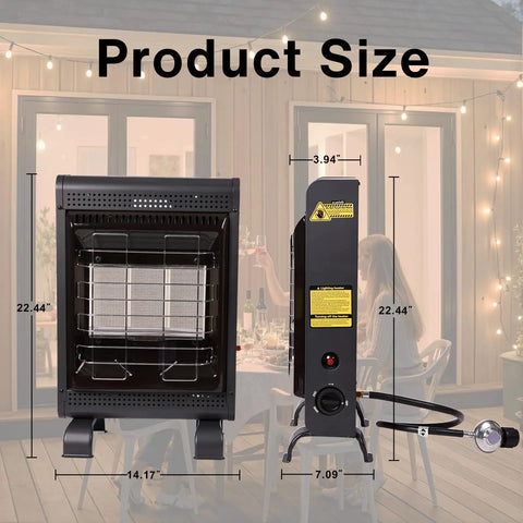 18,000 BTU Propane Patio Heater For Indoor And Outdoor Use With ODS And Tip Over Protection 3 Heat Modes Piezo Ignition Includes Regulator And Hose Heats Up To 450 Sq Ft Ideal For Patio Garage Camping And Workshops front and side view with dimensions