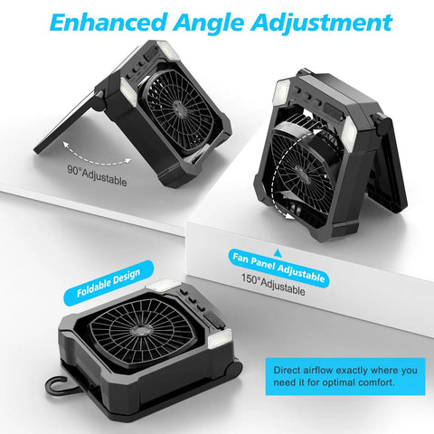 Solar Powered Camping Fan With 10000mAh Battery USB Rechargeable Portable Quiet Cordless Fan folded showing adjustable angles
