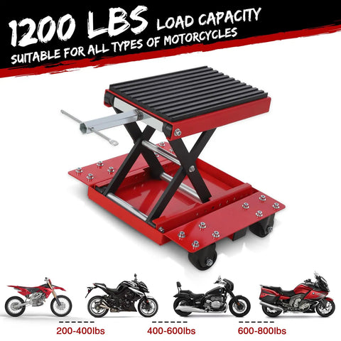 Beefy 1200 Lbs Motorcycle Lift Jack With Wheels For Dirt Bikes Street Bikes Cruisers And ATVs Wide Deck Thick Rubber Pad