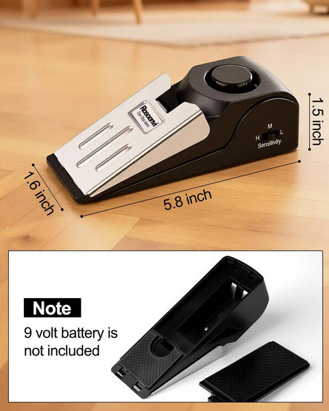Door Stop Alarm 2 Pack With 120dB Siren Floor Wedge Door Stopper And Security Alarm Travel Friendly For Hotels Apartments And Home Use Anti Slip Mesh Bottom Inner Door Fit 0.6 To 1.2 Inch Black shown on wooden floor with size dimensions and battery compartment