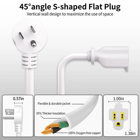 6 Ft 14 Gauge Low Profile Flat Plug Extension Cord White With NEMA 5-15P To NEMA 5-15R Heavy Duty 15 Amp 125 Volt 1875 Watt Cable, 45° angle flat plug