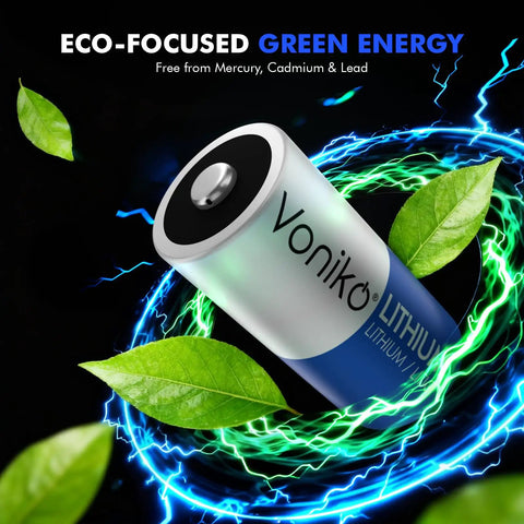 High Capacity Cr123A 3V Lithium Battery 6 Pack Heavy Duty Non Rechargeable Cells with leaves and energy effects.