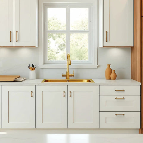 Modern kitchen with Antique Brass Aluminum Cabinet Handles 2 Pack With 5 Inch Hole Center Drawer Pulls on white cabinets.