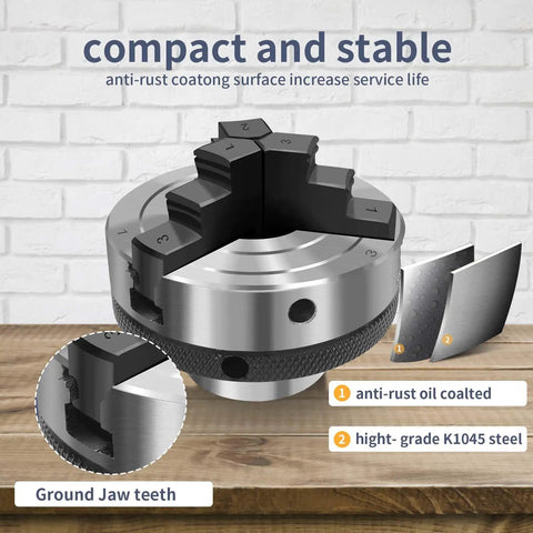 Three Inch Wood Lathe Chuck Set With Self Centering Three Jaws made of K1045 steel for precise turning in woodworking projects.
