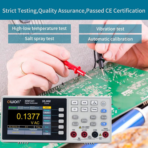 Testing circuit board with Your Go-To 55000 Counts Digital Multimeter With True RMS And Temperature Probe, lab and shop use.