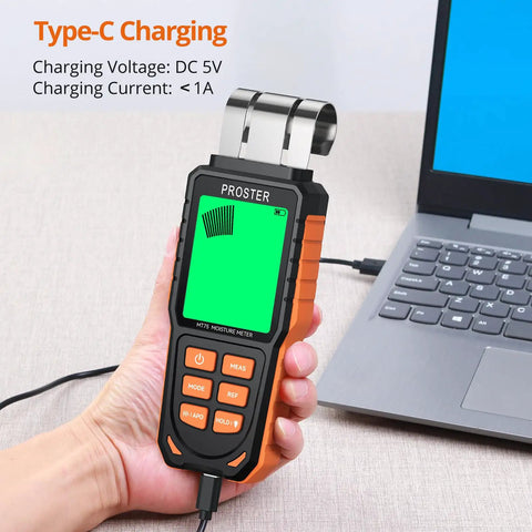 Rechargeable Moisture Meter With Five Modes Pinless 40mm Depth For Walls Floors And Ceilings Do It Yourself Friendly Non Destructive Moisture Testing In Concrete Cement Plaster And Wood, shown in hand