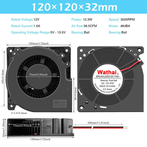 Heavy Duty IP67 120mm Blower Fan With Dual Ball Bearings 12V DC Brushless 5 Inch 2 Pin High Airflow specification details