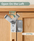 Stainless steel flip gate latch with padlock hole, mounted on a wooden surface, showing 270° rotation for left-side opening.