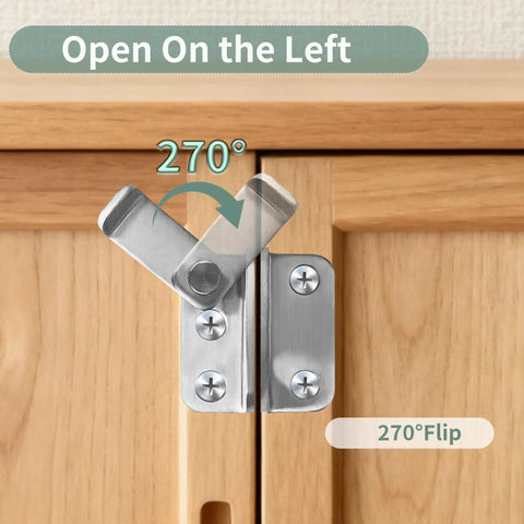 Stainless steel flip gate latch with padlock hole, mounted on a wooden surface, showing 270° rotation for left-side opening.