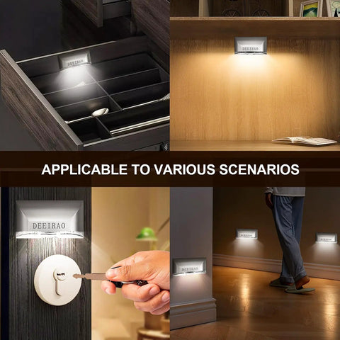 Infrared PIR Wireless Motion Sensor LED Light For Kitchen Hallway Stairway Auto On Off Energy Saving Night Lamp With Four LED Bulbs Silver Finish No Sweat Install