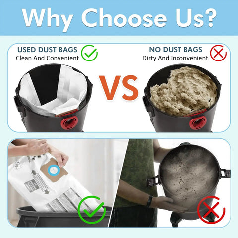 Comparison of clean and dirty vacuum barrels with 15 Pack Vacuum Bags For 5 To 8 Gallon Vacuums Type E 90661 9066133 Type H