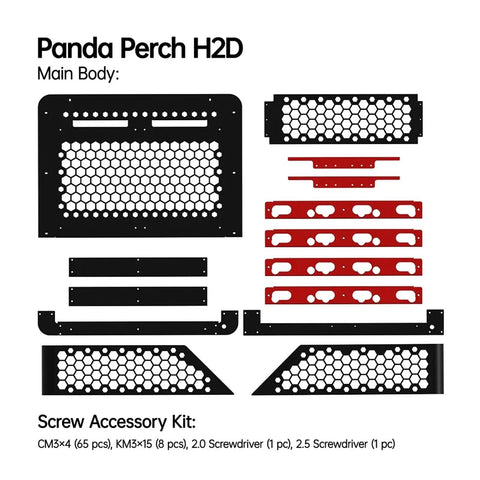 Panda Perch H2D main body and screw accessory kit components, featuring black and red panels for 3D printing setups.
