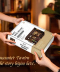 Two people holding a Cozy Corner Tavern Book Nook Kit With LED Lights For Adults DIY Miniature Dollhouse Puzzle In 3D Wood Craft box.