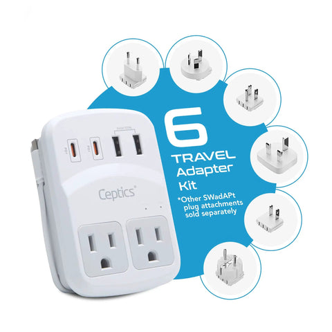 World Travel Adapter Kit With 2 US Outlets 2 USB A Quick Charge 3.0 2 USB C 20W Power Delivery Surge Protection