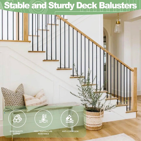 Top Shelf 100 Pack 26 Inch Black Aluminum Deck Balusters Built Like A Brick With Zero Fuss Powder Coat and Sharp 3 4 Inch Diameter hollow round railing spindles in a modern stairway setting.