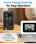 Wireless Indoor Outdoor Thermometer Weather Station With Remote Sensor Vertical Color Display Temperature Humidity Monitor 12 Hour Forecast Atomic Clock Adapter Powered Black No App Needed in front-facing controls comparison image showing vertical display on wooden surface.