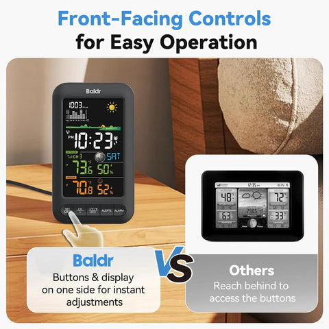Wireless Indoor Outdoor Thermometer Weather Station With Remote Sensor Vertical Color Display Temperature Humidity Monitor 12 Hour Forecast Atomic Clock Adapter Powered Black No App Needed in front-facing controls comparison image showing vertical display on wooden surface.