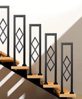 Level Up Your Staircase Setup With This Solid Black Wrought Iron U Shaped Handrail Offering A Clean Diamond Pattern Built Tough For Patio Deck Safety With A Dependable Non Slip Grip And No Sweat Install. U shaped black wrought iron stair railing on wooden steps.