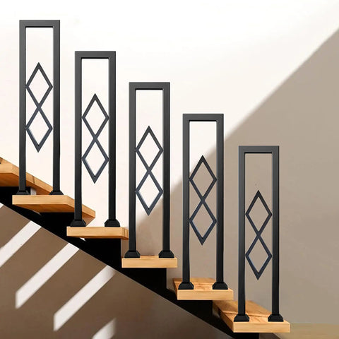 Level Up Your Staircase Setup With This Solid Black Wrought Iron U Shaped Handrail Offering A Clean Diamond Pattern Built Tough For Patio Deck Safety With A Dependable Non Slip Grip And No Sweat Install. U shaped black wrought iron stair railing on wooden steps.