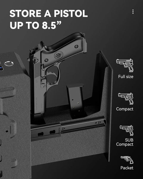 Biometric Gun Safe With Slider Access open displaying pistol compartment holding 8.5-inch handgun, padded interior visible.
