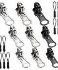 9 Piece Universal Zipper Repair Kit With Pulls And Stops For Jackets Luggage Backpacks And Outdoor Gear Grab And Go Quick Slider Replacement No Sew Fix In Three Sizes Small Medium Large Black And Silver shown in full view with black and silver slider pulls and stops.