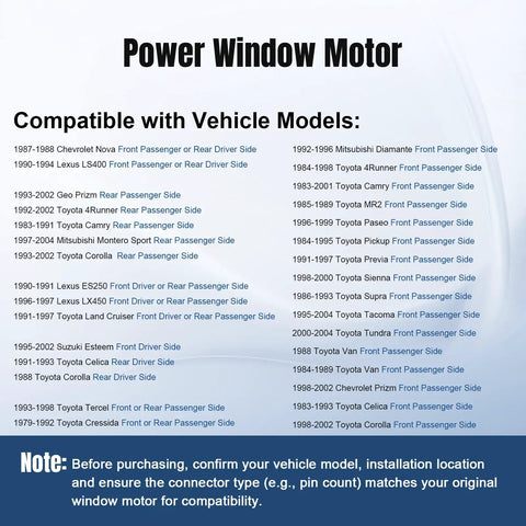 Toyota Passenger Right Side Power Window Lift Motor 742-601 compatibility chart for Camry, Corolla, Tacoma models 1979-2004