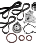 All In One Timing Belt Kit With Water Pump For Hyundai Elantra 2005-2009 Hyundai Tucson 2010 Kia Soul 2007-2009 Kia Spectra 2007-2009 Spectra5 24312-23202 24810-23050 Replacement Kit components on white background