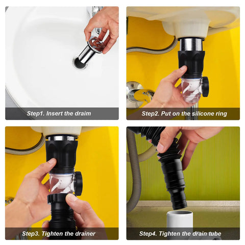 Upgraded Bathroom Sink Drain Kit with Flexible Expandable P-Trap, pop-up stopper, anti-clog, installation steps, fits 1-1/2 inch OD drains