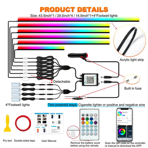 Interior Car LED Strip Lights Kit With Dreamcolor Chasing, diagram of components, acrylic light strips and accessories shown.