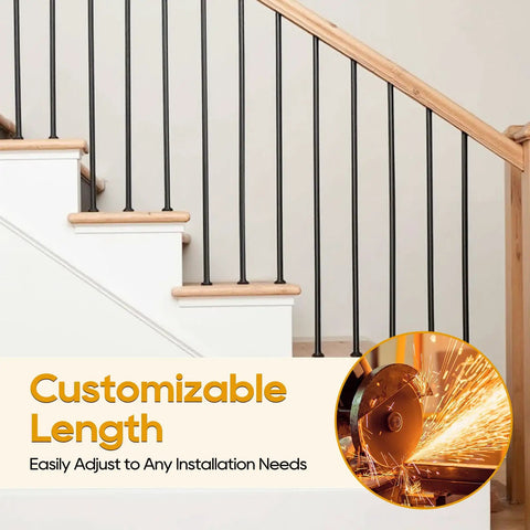 Thirty Pack Heavy Duty Wrought Iron Balusters 1/2 By 44 Inch, Knockout Black Finish in staircase installation.