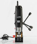 Front view of Heavy Duty Magnetic Drill Press With QuickHitch Arbor And Two Geared Speeds For Precision Metal Cutting with plug.