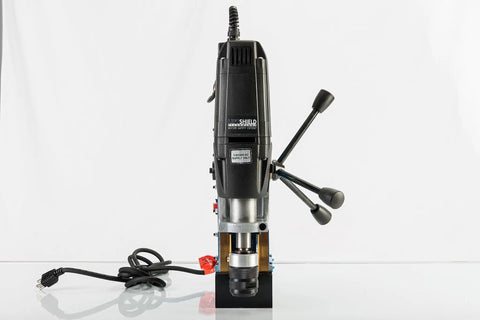 Front view of Heavy Duty Magnetic Drill Press With QuickHitch Arbor And Two Geared Speeds For Precision Metal Cutting with plug.