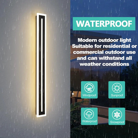 Modern Outdoor Wall Light Sconce 24W LED Exterior Lighting Fixture Waterproof 35.4 Inch Long Ideal For Garage Porch Patio Gates Durable Sconce Wall Lighting For Outdoor Walls glowing during rain at night