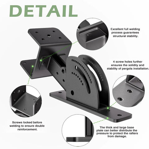 Heavy Duty Stainless Steel Pergola Roof Mount Brackets Set For 4x4 or 4x6 Lumber, Adjustable 0 To 55 Degree Riser Angles, Anchored Design, Corrosion Resistant Black Powder Coated, 3 Pack, Patent Pending, Built For Tough Outdoor Use