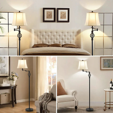 Dimmable LED Pharmacy Floor Lamp with full range dimming in a living room and bedroom setup, adjustable height and 350° swing arm.