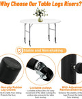 4 Pack Adjustable Table Leg Risers Featuring Smooth Rolling Casters Heavy Duty Metal Extenders shown with rubber leg covers and lockable pulleys.