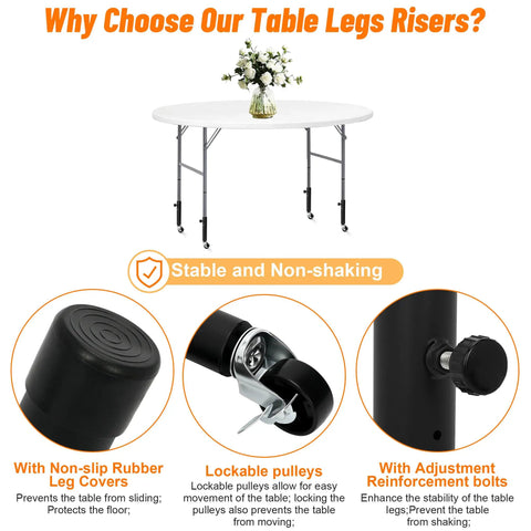 4 Pack Adjustable Table Leg Risers Featuring Smooth Rolling Casters Heavy Duty Metal Extenders shown with rubber leg covers and lockable pulleys.