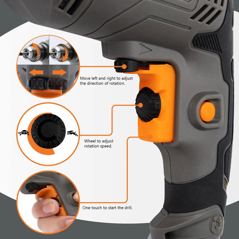 Close-up of controls on Corded Drill With 3.8 Amp Motor, Variable Speed From 0 to 3300 RPM, Reversible Trigger, Belt Hook, Lightweight Handyman Power Drill For Metal Wood Plastic Ceramic And More For DIY Projects.