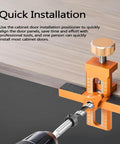 Close-up of Cabinet Door Install Positioner Jig in use, showing adjustable aluminum alloy hinge alignment for one-person setup.