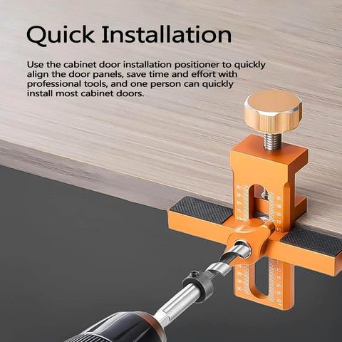Close-up of Cabinet Door Install Positioner Jig in use, showing adjustable aluminum alloy hinge alignment for one-person setup.