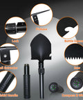 Image showing features of the Folding Shovel With Compass Three In One Survival Shovel For Camping And Hiking Portable Car Rescue Tool with serrated edge and digging pick.