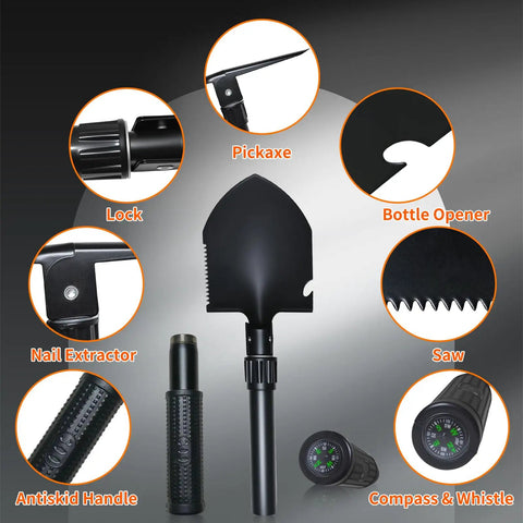 Image showing features of the Folding Shovel With Compass Three In One Survival Shovel For Camping And Hiking Portable Car Rescue Tool with serrated edge and digging pick.