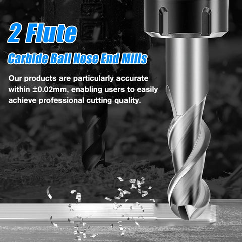 Three Eighths Inch Carbide Ball Nose End Mills With Two Flutes End Mill Bits For Stainless Steel Forged Steel Hardened Steel Copper And Alloys Pro Grade Tungsten Carbide Milling Tools For CNC Cutting with close-up view of 2-flute design cutting metal.