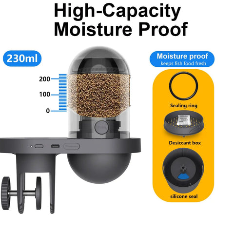 Slick WiFi Automatic Fish Feeder With 2.5K HD Camera showing 230ml moisture-proof hopper and sealing ring for fresh fish food.