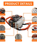72cc Gas Powered Auger Post Hole Digger With 6 And 8 Inch Drill Bits Extension Rods And Orange Finish product details display
